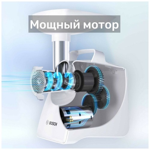 Мясорубка BOSCH MFW3910W CompactPower, 1900Вт, 2,3 кг/мин, цвет: белый, механическая за щита от перегрузки, 1 скор. Комплект: 2 диска для фарша, насадка для кол басок