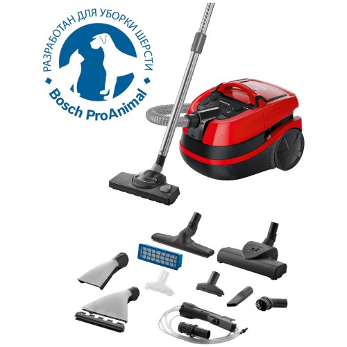 Пылесос BOSCH BWD421PET / 2100 Вт, аквафильтр, 3 в 1, влажная уборка, красный