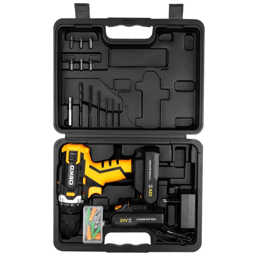Аккумуляторная дрель DEKO DKCD20FU-Li (063-4103)   20В 1.5Ahx2 63 с набором 63 предмета в кейсе