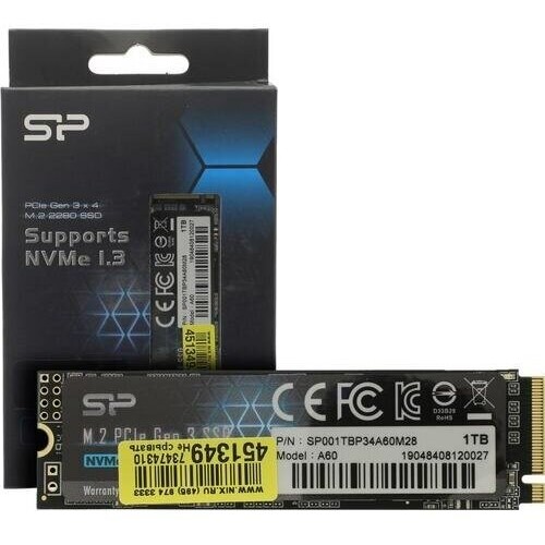 Накопитель SSD M.2 Silicon Power 1.0Tb A60 <SP001TBP34A60M28> (PCI-E 3.0 х4, up to 2200/1600MBs, 250000 IOPs, 3D TLC, NVMe 1.3, 600TBW, 22х80мм)