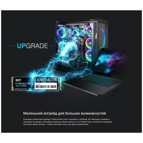 Накопитель SSD M.2 Silicon Power 1.0Tb A60 <SP001TBP34A60M28> (PCI-E 3.0 х4, up to 2200/1600MBs, 250000 IOPs, 3D TLC, NVMe 1.3, 600TBW, 22х80мм)
