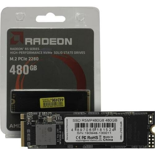 Накопитель M.2 2280 480GB AMD Radeon R5 Client SSD R5MP480G8 PCIe Gen3x4 with NVMe, 2130/1630, IOPS 250/230K, 3D NAND TLC, RTL