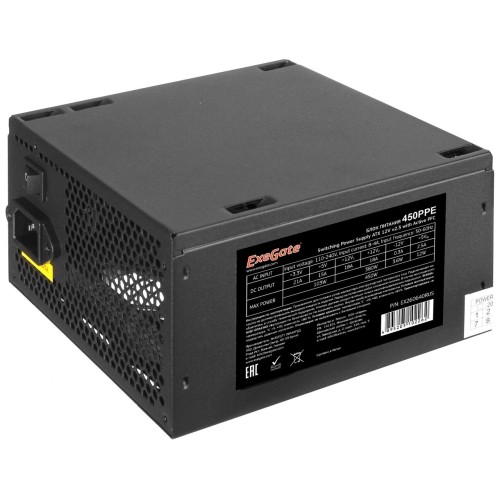 Блок питания 450W ExeGate 450PPE, ATX, SC, black, APFC, 12cm, 24p+(4+4)p, PCI-E, 3*IDE, 5*SATA, FDD + кабель 220V с защитой от выдергивания