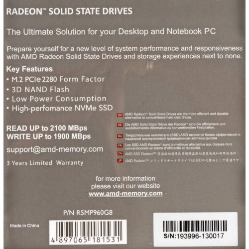 Накопитель SSD AMD PCI-E 960Gb R5MP960G8 Radeon M.2 2280