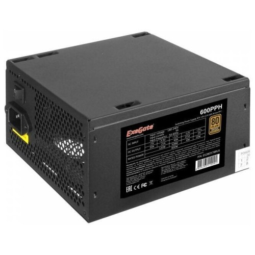 Блок питания 600W ExeGate 600PPH-OEM, 80+Bronze, ATX, black, APFC, 12cm, 24p, (4+4)p, 5*SATA, 3*IDE