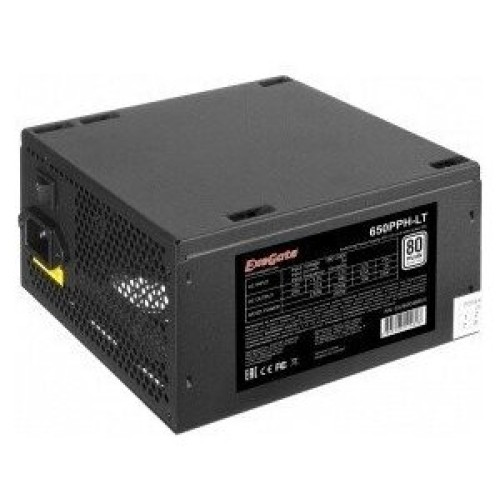 Блок питания 650W ExeGate 650PPH-LT-S, RTL, 80+, ATX, black, APFC, 12cm, 24p, (4+4)p, 5*SATA, 3*IDE, с защитой от выдергивания
