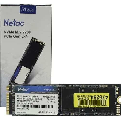 Накопитель SSD M.2 Netac 512Gb N930E Pro Series <NT01N930E-512G-E4X> Retail (PCI-E 3.1 x4, up to 2080/1700MBs, 3D TLC/QLC, NVMe 1.3, 22х80mm)
