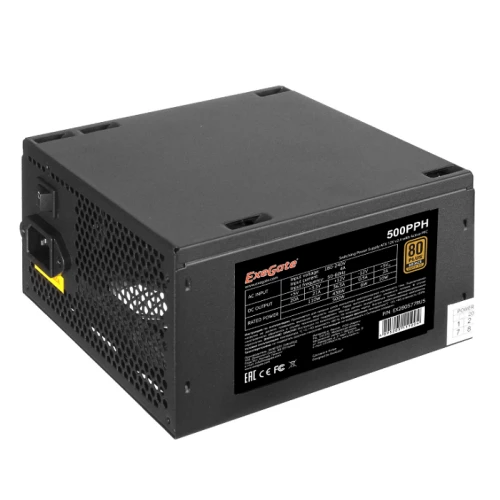 Блок питания 500W ExeGate 80 PLUS® Bronze 500PPH-S-OEM (ATX, APFC, КПД 85% (80 PLUS Bronze)SC, 12cm fan, 24pin, (4+4)pin, PCIe, 5xSATA, 3xIDE, black, кабель 220V с защитой от выдергивания)